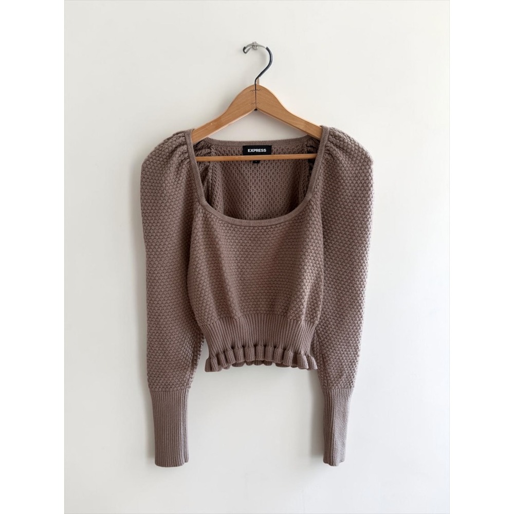 Express Women Taupe Brown Popcorn Knit Ruffle Hem Puff Sleeve Sweater Large
